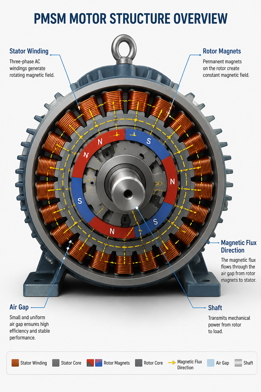 permanent magnet synchronous motor structure showing stator winding rotor magnets and magnetic flux path