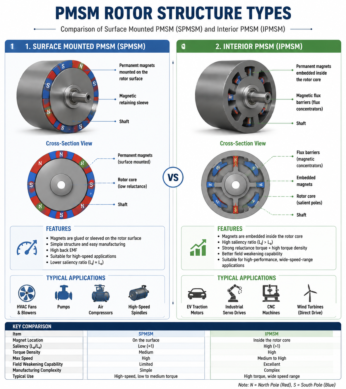 comparison of surface mounted and interior permanent magnet synchronous motor rotor structures