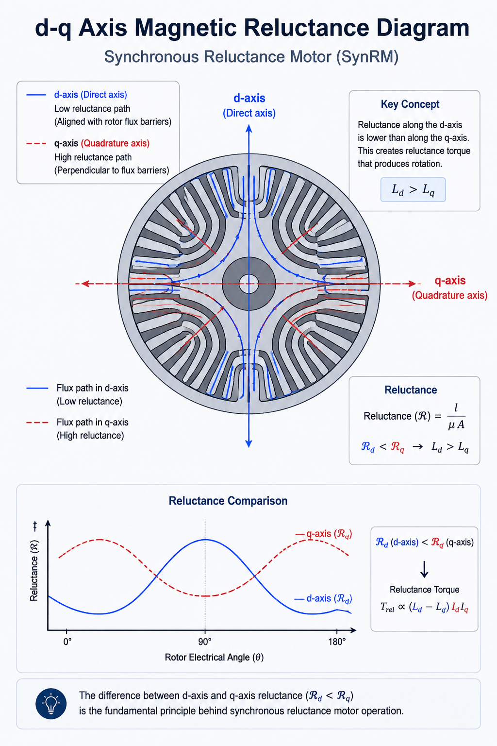 d-axis and q-axis magnetic flux paths explaining reluctance torque generation in synchronous reluctance motors