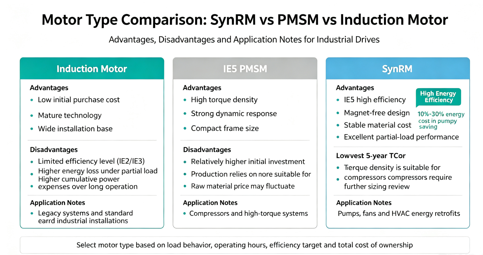comparison of SynRM PMSM and induction motor efficiency and structure