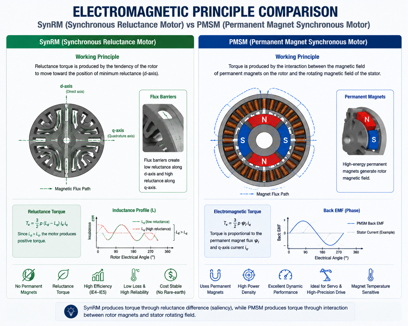 electromagnetic working principle comparison between synchronous reluctance motor and permanent magnet synchronous motor