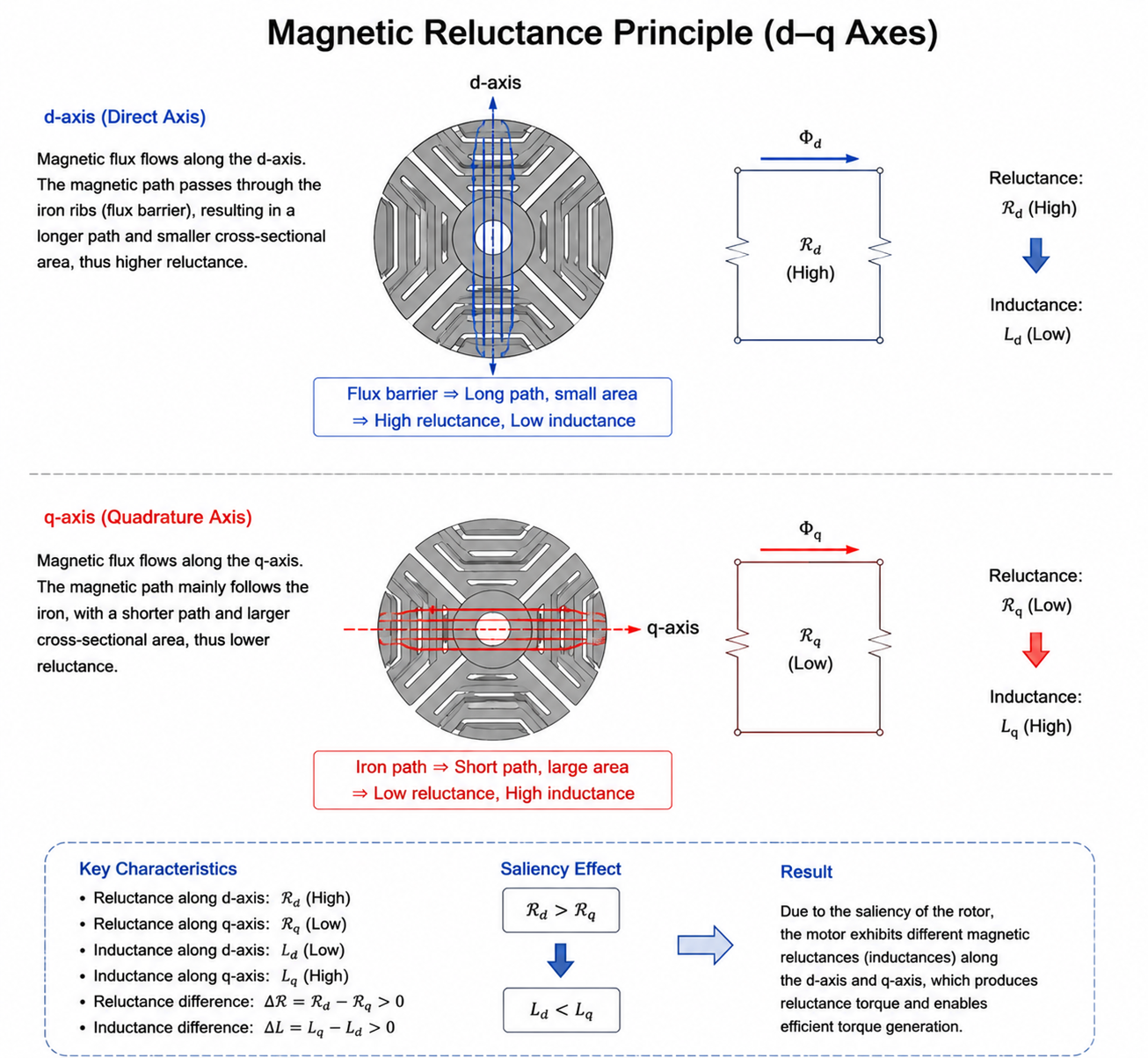 magnetic reluctance principle showing d-axis and q-axis inductance difference in SynRM motor